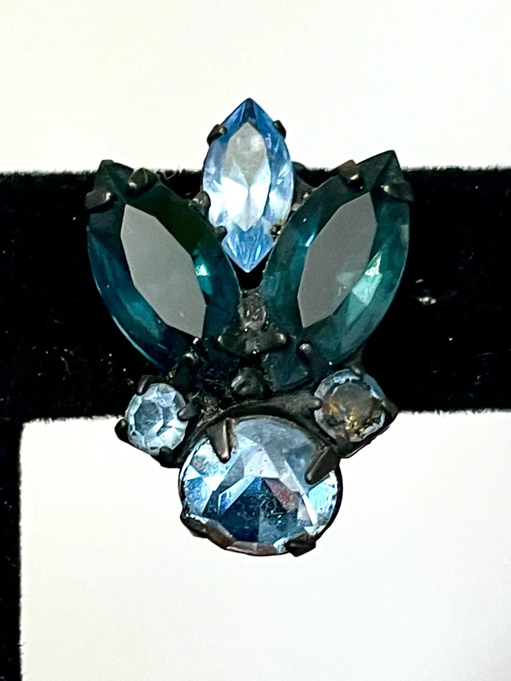 Vintage Blue Teal Rhinestone Clip Earrings Black Japanned Navette MCM Art Deco
